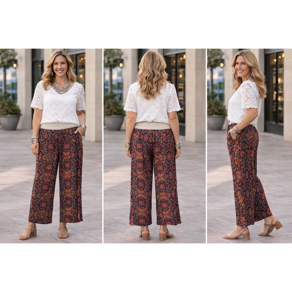 Riley+James Boho Paisley Medallion Print Crochet Waistband Wide Leg Pants 18/20